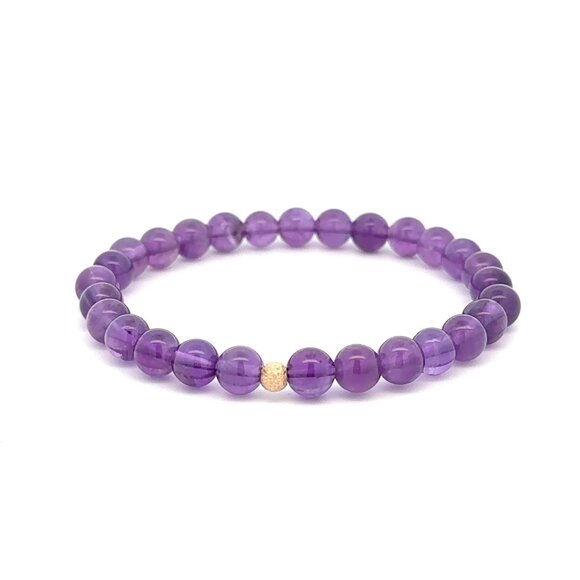 Natural Gemstones Amethyst 6mm Stretchable Bracelet 14k Gold Bead Charm Stardust - Picture 1 of 6
